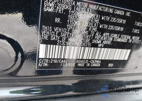 2021 Toyota Rav4 Xle Premium z USA, uszkodzony, nr VIN 2T3C1RFV0MC126315